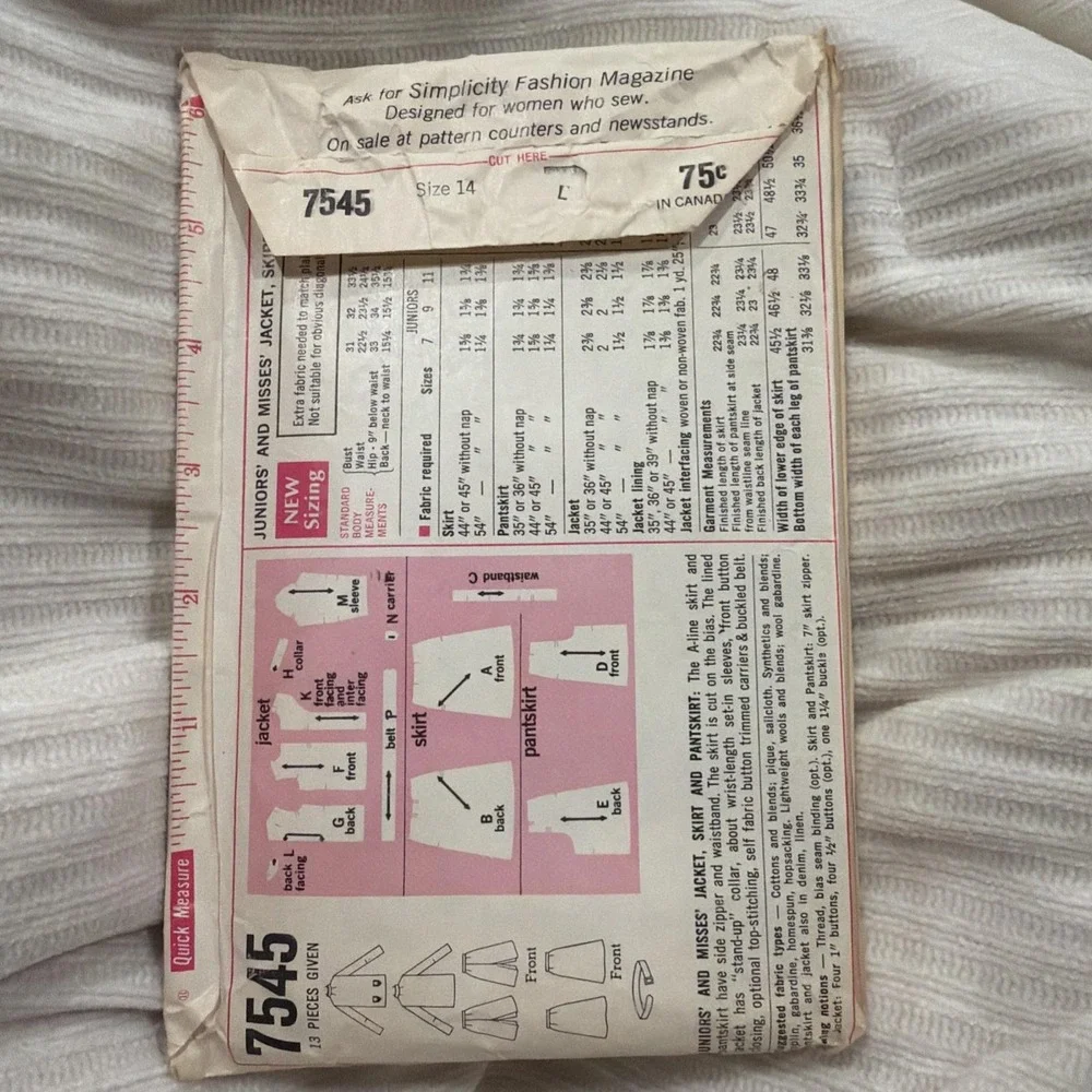 Vintage Simplicity #7545 Pattern For Misses Size 14 Jacket, Skirt & Pantskirt